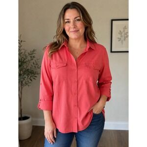 Eddie Bauer Women Departure LS Shirt Coral Pink Button Up XXL Classic Fit